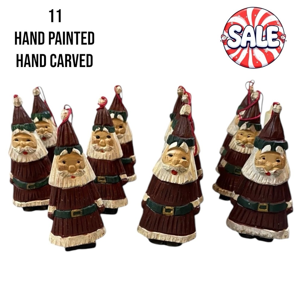 VTG Lot 11 Wooden Santa Clause Ornaments Hanging Hand Painted Caved Christmas 4"